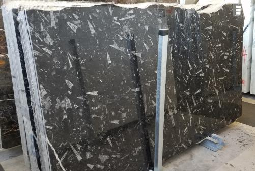 Supply polished slabs 0.8 cm in natural marble FOSSIL BLACK S0036. Detail image pictures 