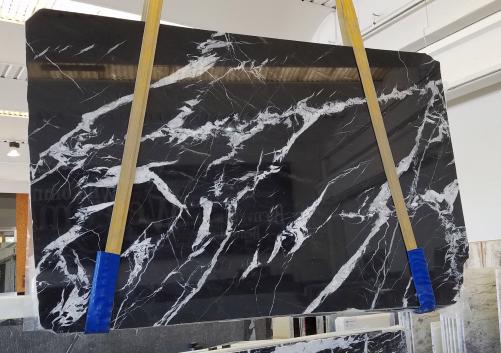 Supply polished slabs 0.8 cm in natural marble MONACO BLACK AA T0101. Detail image pictures 