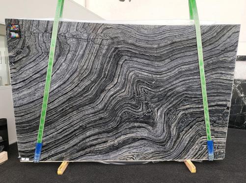 Supply polished slabs 0.8 cm in natural marble Zebra Black 1908. Detail image pictures 